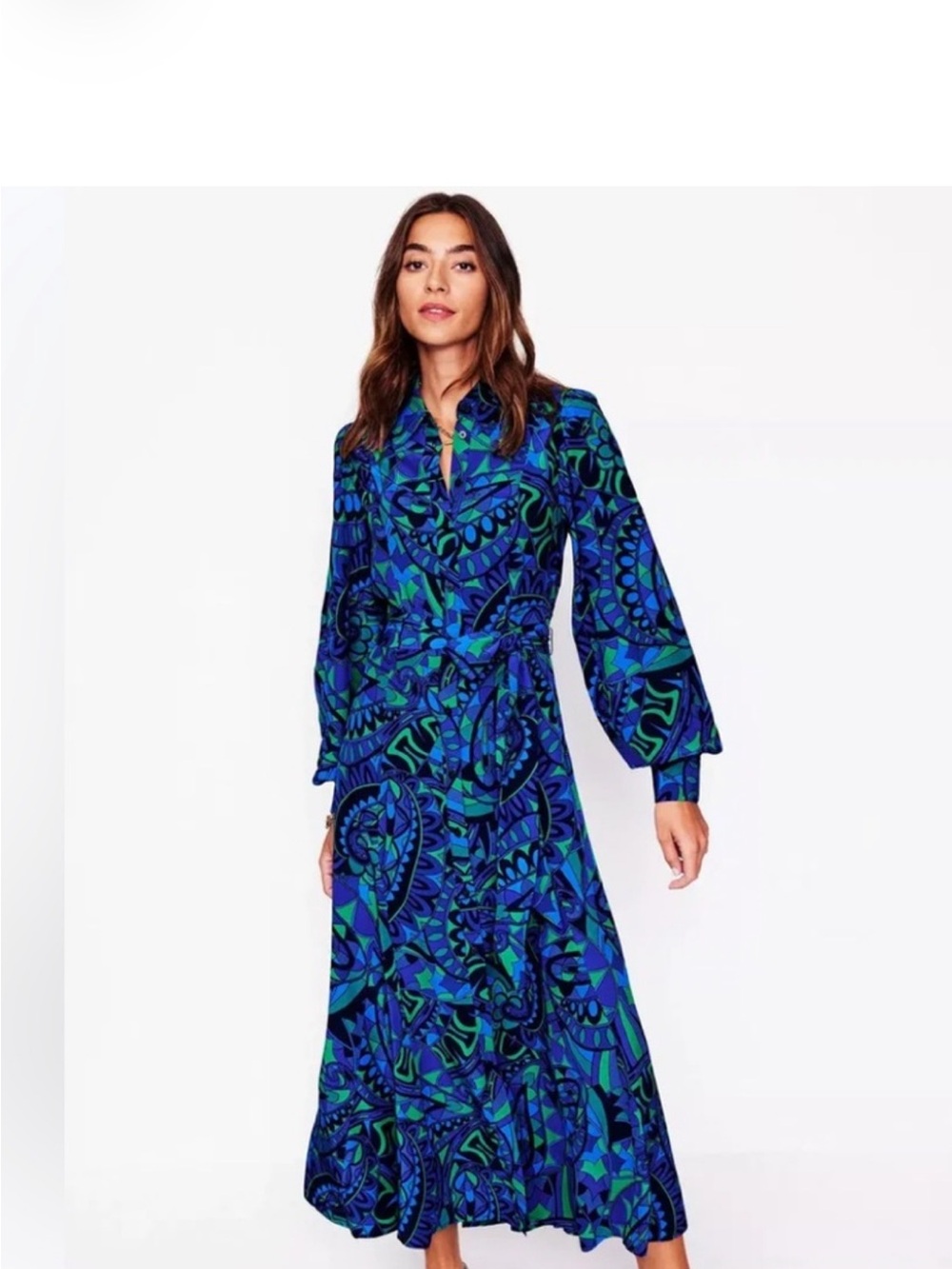 Boden Martha Paisley Godet Maxi Shirt Dress Kaleidoscopic Blue Size 2 EUC